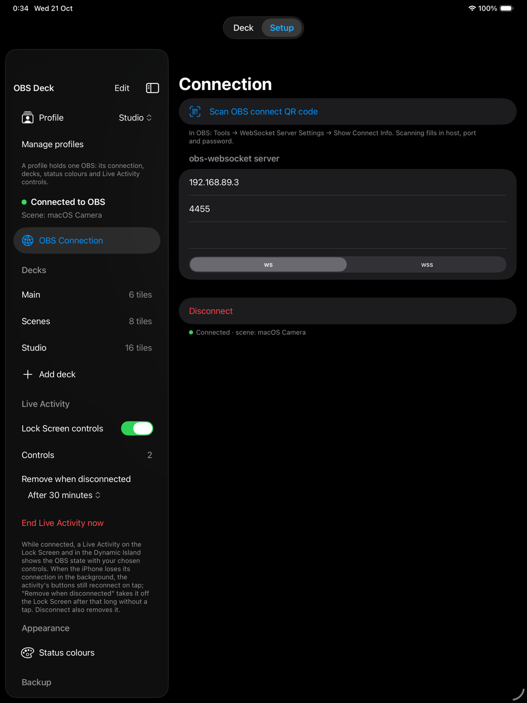 iPad Setup with the sidebar and the connection screen