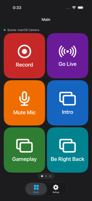 iPhone deck with Record, Go Live, Mute Mic and scene tiles