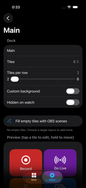 Deck editor with tile count and tiles-per-row controls